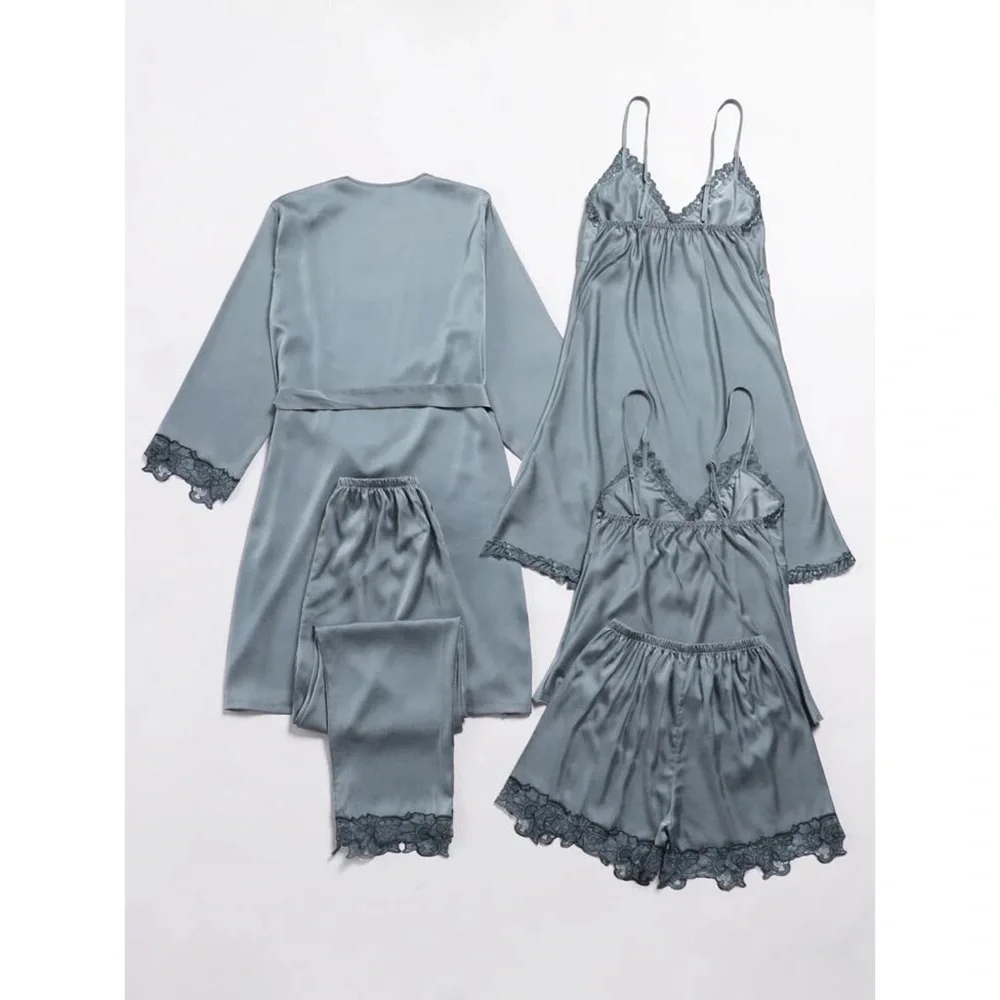 Fefi 5pcs Satin Contrast Lace Belted Night Set - Picture 2 of 6
